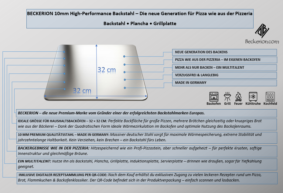 Premium High-Performance Backstahl 10 mm 32x32 cm für Backofen & Grill – inkl. Rezeptzugang per QR-Code – Pizzastahl aus gestrahltem Carbonstahl für knusprige Pizza, Flammkuchen & Brot wie aus dem Steinofen – Made in Germany