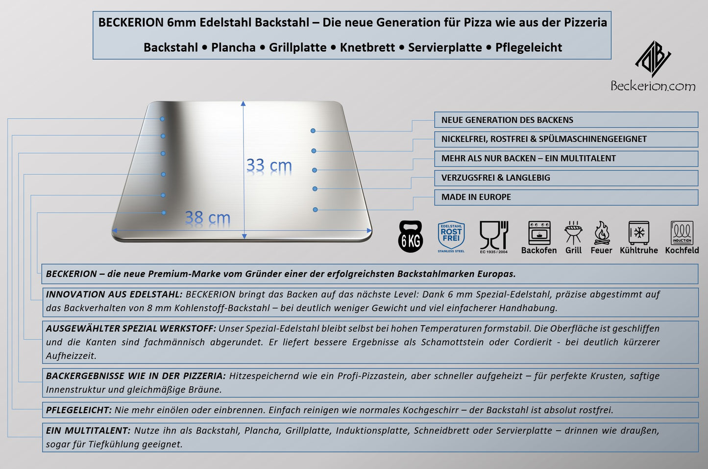 BECKERION Backstahl aus 6mm rostfreiem Spezialstahl (33x38cm) für Backofen & Grill – Pizza & Brot wie aus dem Steinofen – Backen revolutioniert – auch als Plancha nutzbar – Spülmaschinengeeignet | Made in EU