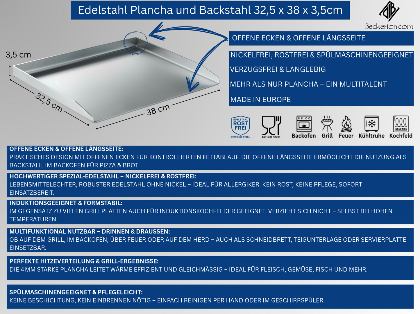BECKERION Plancha und Backstahl 4mm Edelstahl (32,5x38x3,5cm) – Induktion- & Spülmaschinengeeignet & auch als Schneidebrett & Servierbrett nutzbar – Grillplatte & Pizzastahl für Pizza, Brot, Grill & Ofen | Made in EU
