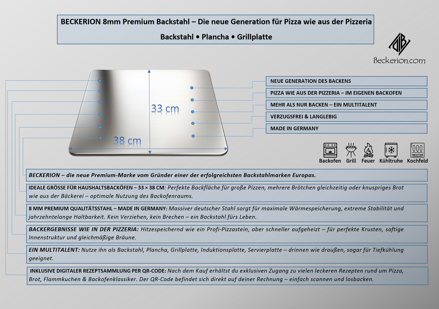 Premium Backstahl 8 mm 33x38 cm für Backofen & Grill – inkl. Rezeptzugang per QR-Code – Pizzastahl aus gestrahltem Carbonstahl für knusprige Pizza, Flammkuchen & Brot wie aus dem Steinofen – Made in Germany